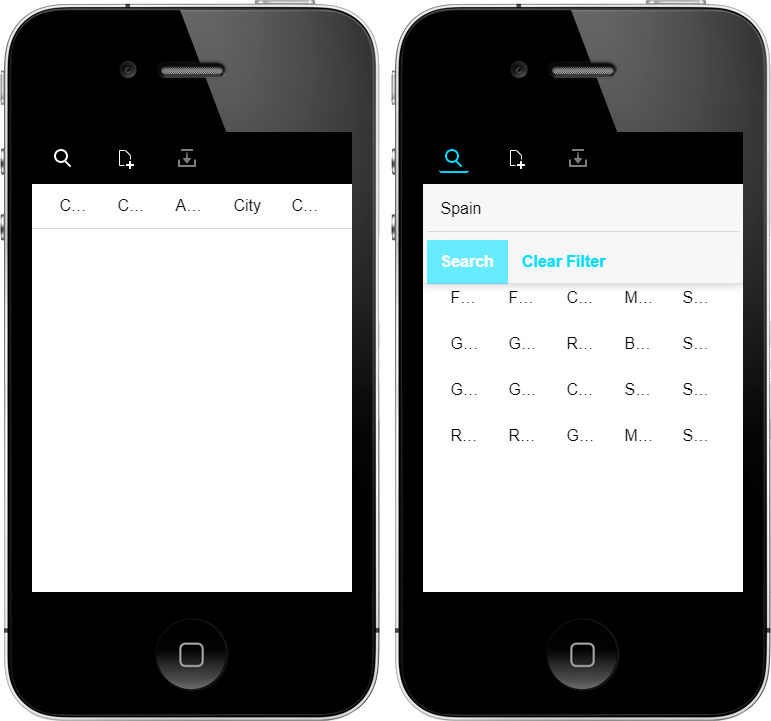 The Search Part is now hidden, shown only when the search icon in the
upper left-hand corner is clicked. The Detail View is not shown because
there is not enough space to render it on-screen with the List control.
